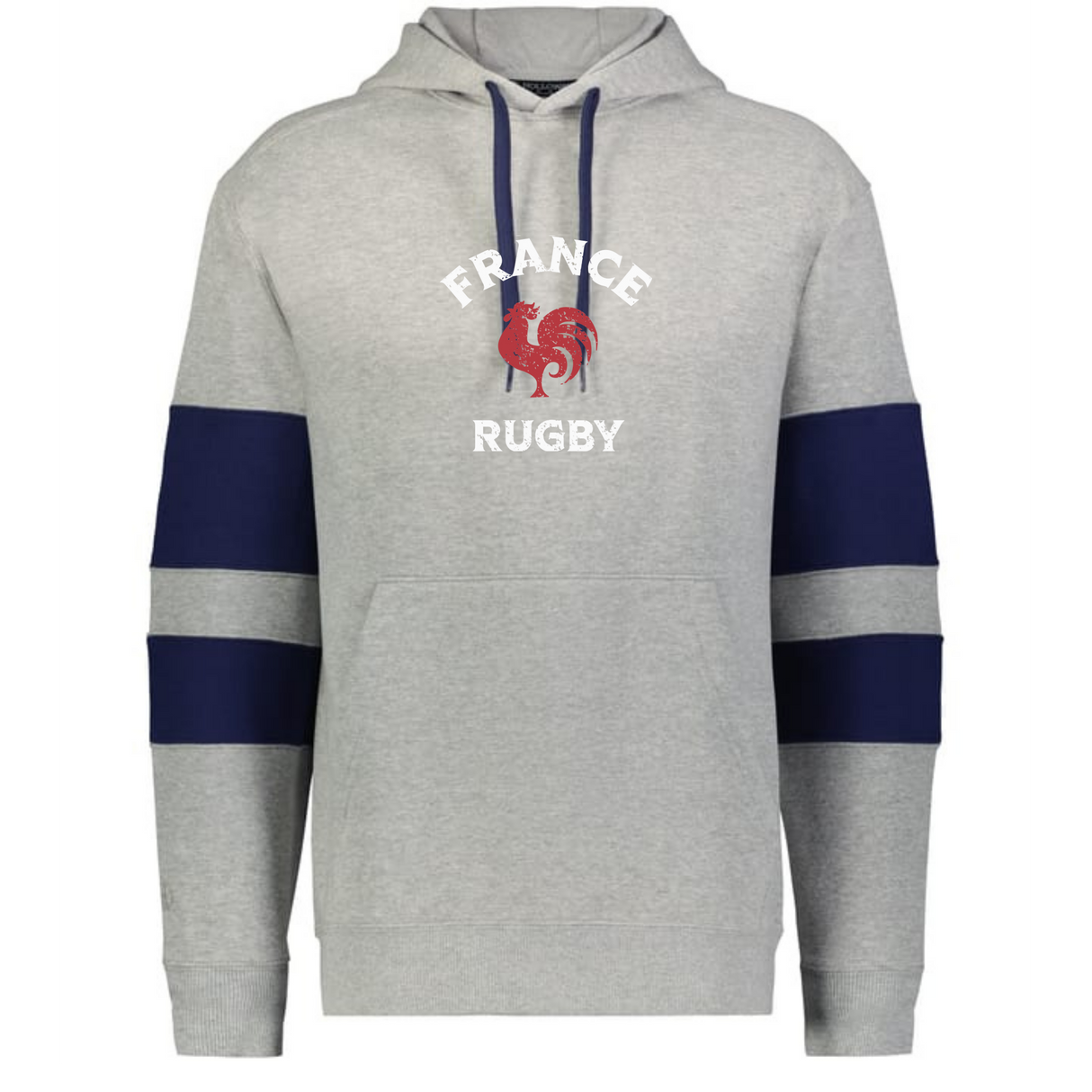The WRS Augusta Nations of Rugby France Jackson Way Hoodie features grey fabric, navy sleeve stripes, a red rooster, and "France Rugby" on the chest—ideal for fans supporting France in the Nations of Rugby.