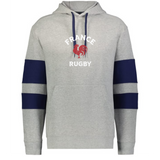 The WRS Augusta Nations of Rugby France Jackson Way Hoodie features grey fabric, navy sleeve stripes, a red rooster, and "France Rugby" on the chest—ideal for fans supporting France in the Nations of Rugby.