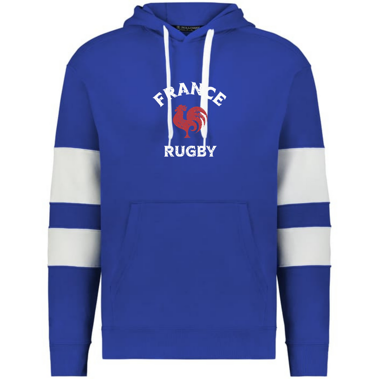 The WRS Augusta Nations of Rugby France Jackson Way Hoodie features blue with white drawstrings and arm stripes, a red rooster, and "FRANCE RUGBY" on the chest—a perfect tribute to French rugby pride.