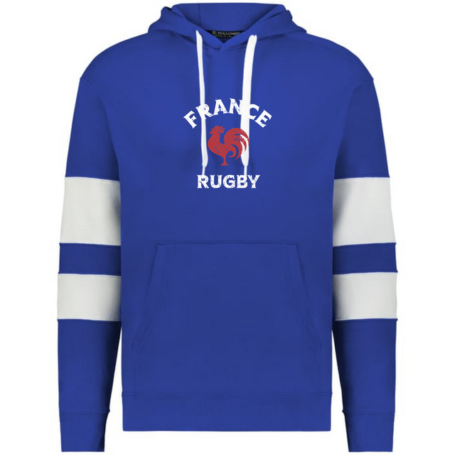 The WRS Augusta Nations of Rugby France Jackson Way Hoodie features blue with white drawstrings and arm stripes, a red rooster, and "FRANCE RUGBY" on the chest—a perfect tribute to French rugby pride.