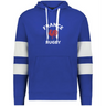 The WRS Augusta Nations of Rugby France Jackson Way Hoodie features blue with white drawstrings and arm stripes, a red rooster, and "FRANCE RUGBY" on the chest—a perfect tribute to French rugby pride.