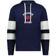 The Nations of Rugby France Jackson Way Hoodie by WRS Augusta features navy blue fabric, white drawstrings, white and navy sleeve stripes, and "FRANCE RUGBY" with a red rooster—ideal for dedicated Rugby France supporters.