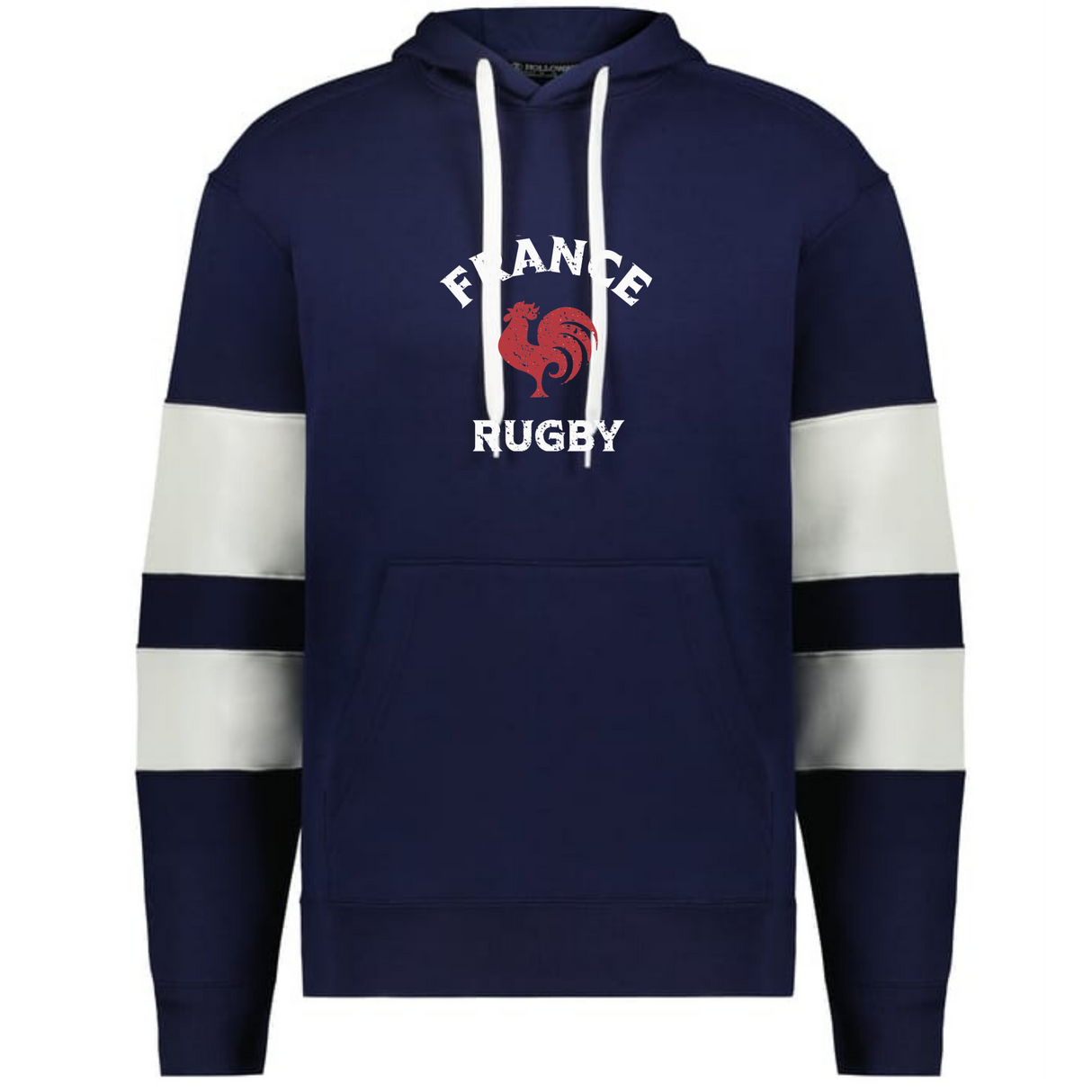 The Nations of Rugby France Jackson Way Hoodie by WRS Augusta features navy blue fabric, white drawstrings, white and navy sleeve stripes, and "FRANCE RUGBY" with a red rooster—ideal for dedicated Rugby France supporters.