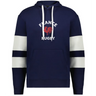 The Nations of Rugby France Jackson Way Hoodie by WRS Augusta features navy blue fabric, white drawstrings, white and navy sleeve stripes, and "FRANCE RUGBY" with a red rooster—ideal for dedicated Rugby France supporters.