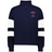 The EMB Augusta Women's Nations of Rugby France Jackson Way Pullover features a navy blue quarter-zip design with white sleeve stripes and "France Rugby" text plus a red rooster logo on the left chest—ideal for fans of women's France rugby.