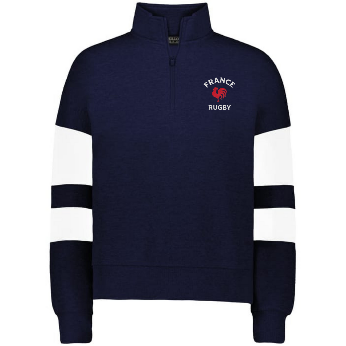 The EMB Augusta Women's Nations of Rugby France Jackson Way Pullover features a navy blue quarter-zip design with white sleeve stripes and "France Rugby" text plus a red rooster logo on the left chest—ideal for fans of women's France rugby.