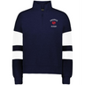 The EMB Augusta Women's Nations of Rugby France Jackson Way Pullover features a navy blue quarter-zip design with white sleeve stripes and "France Rugby" text plus a red rooster logo on the left chest—ideal for fans of women's France rugby.