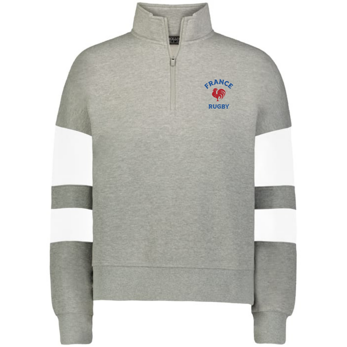 The EMB Augusta Women's Nations of Rugby France Jackson Way Pullover is a gray quarter-zip with white sleeve stripes and a red rooster "France Rugby" logo—perfect cropped fleece for showing your support.