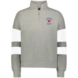 The EMB Augusta Women's Nations of Rugby France Jackson Way Pullover is a gray quarter-zip with white sleeve stripes and a red rooster "France Rugby" logo—perfect cropped fleece for showing your support.