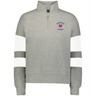 The EMB Augusta Women's Nations of Rugby France Jackson Way Pullover is a gray quarter-zip with white sleeve stripes and a red rooster "France Rugby" logo—perfect cropped fleece for showing your support.