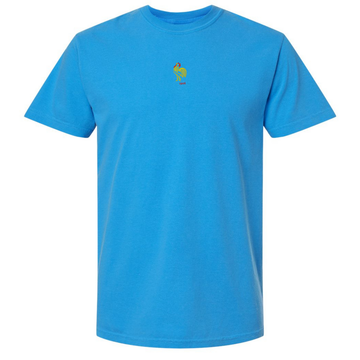 The France Vintage Comfort Tee by EMB S&S Activewear is a blue short-sleeve shirt featuring a small multicolored rooster logo and "cock" on the chest—ideal for rugby fans who value both style and comfort.