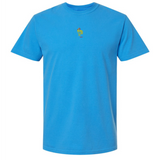 The France Vintage Comfort Tee by EMB S&S Activewear is a blue short-sleeve shirt featuring a small multicolored rooster logo and "cock" on the chest—ideal for rugby fans who value both style and comfort.