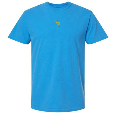 The France Vintage Comfort Tee by EMB S&S Activewear is a blue short-sleeve shirt featuring a small multicolored rooster logo and "cock" on the chest—ideal for rugby fans who value both style and comfort.
