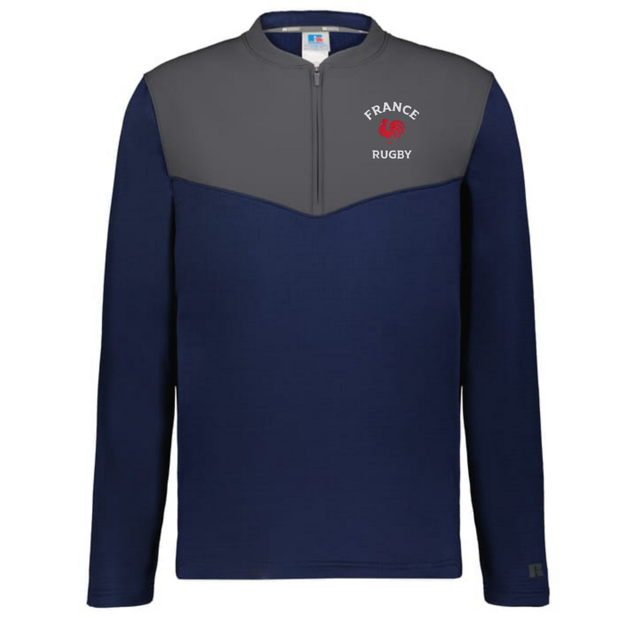 The EMB Augusta Nations of Rugby France Sideline Grid 1/4 Zip Pullover features long sleeves, a navy body, gray yoke, and a white and red "France Rugby" logo on the chest.