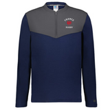 The EMB Augusta Nations of Rugby France Sideline Grid 1/4 Zip Pullover features long sleeves, a navy body, gray yoke, and a white and red "France Rugby" logo on the chest.