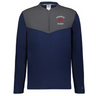 The EMB Augusta Nations of Rugby France Sideline Grid 1/4 Zip Pullover features long sleeves, a navy body, gray yoke, and a white and red "France Rugby" logo on the chest.
