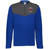 The EMB Augusta Nations of Rugby France Sideline Grid 1/4 Zip Pullover is a blue long-sleeve fleece with a dark gray yoke and "France Rugby" logo featuring a red rooster on the left chest.