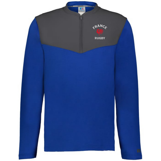 The EMB Augusta Nations of Rugby France Sideline Grid 1/4 Zip Pullover is a blue long-sleeve fleece with a dark gray yoke and "France Rugby" logo featuring a red rooster on the left chest.