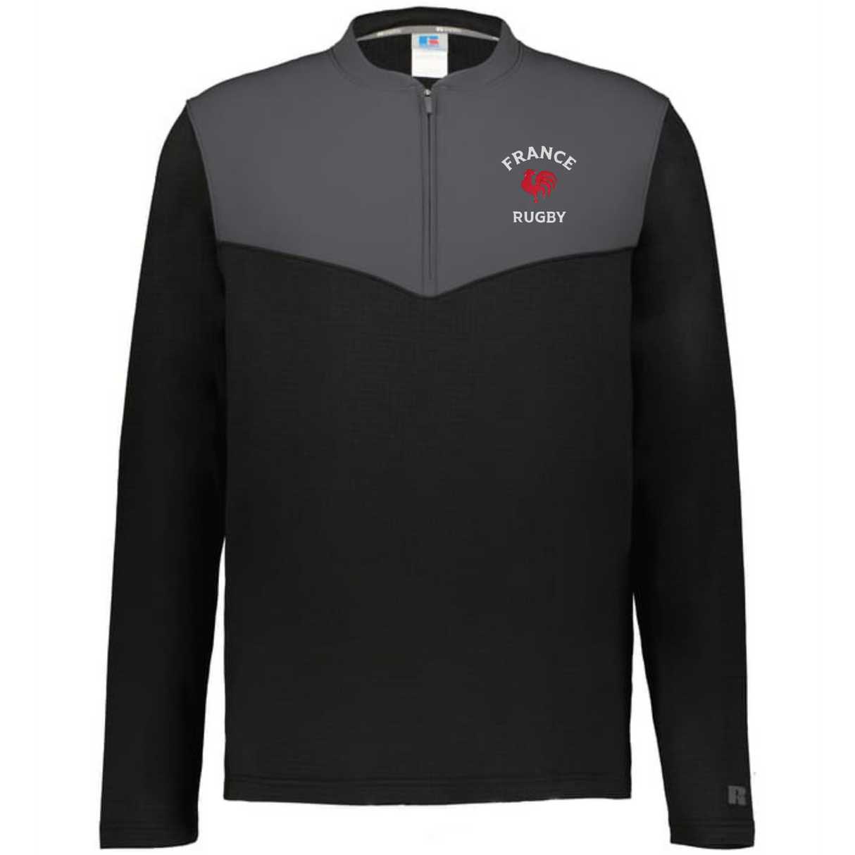 The EMB Augusta Nations of Rugby France Sideline Grid 1/4 Zip Pullover is a black and gray fleece featuring "FRANCE RUGBY" and a red rooster emblem on the left chest.