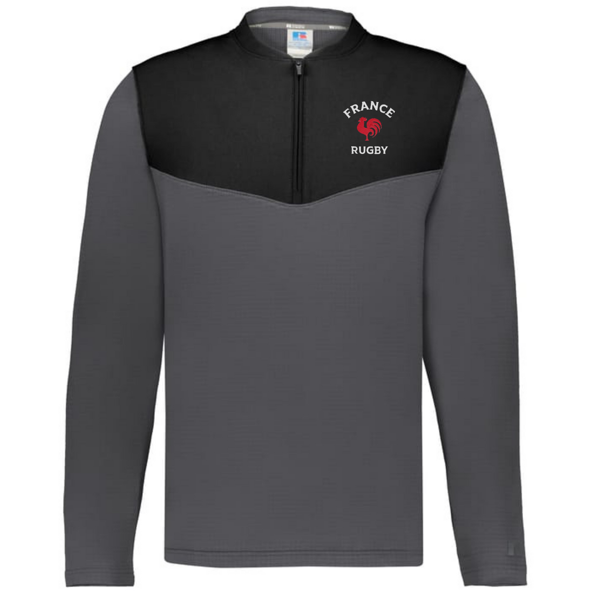 The EMB Augusta Nations of Rugby France Sideline Grid 1/4 Zip Pullover is a long-sleeve gray and black fleece with a "France Rugby" logo on the left chest and a 1/4 zip collar.