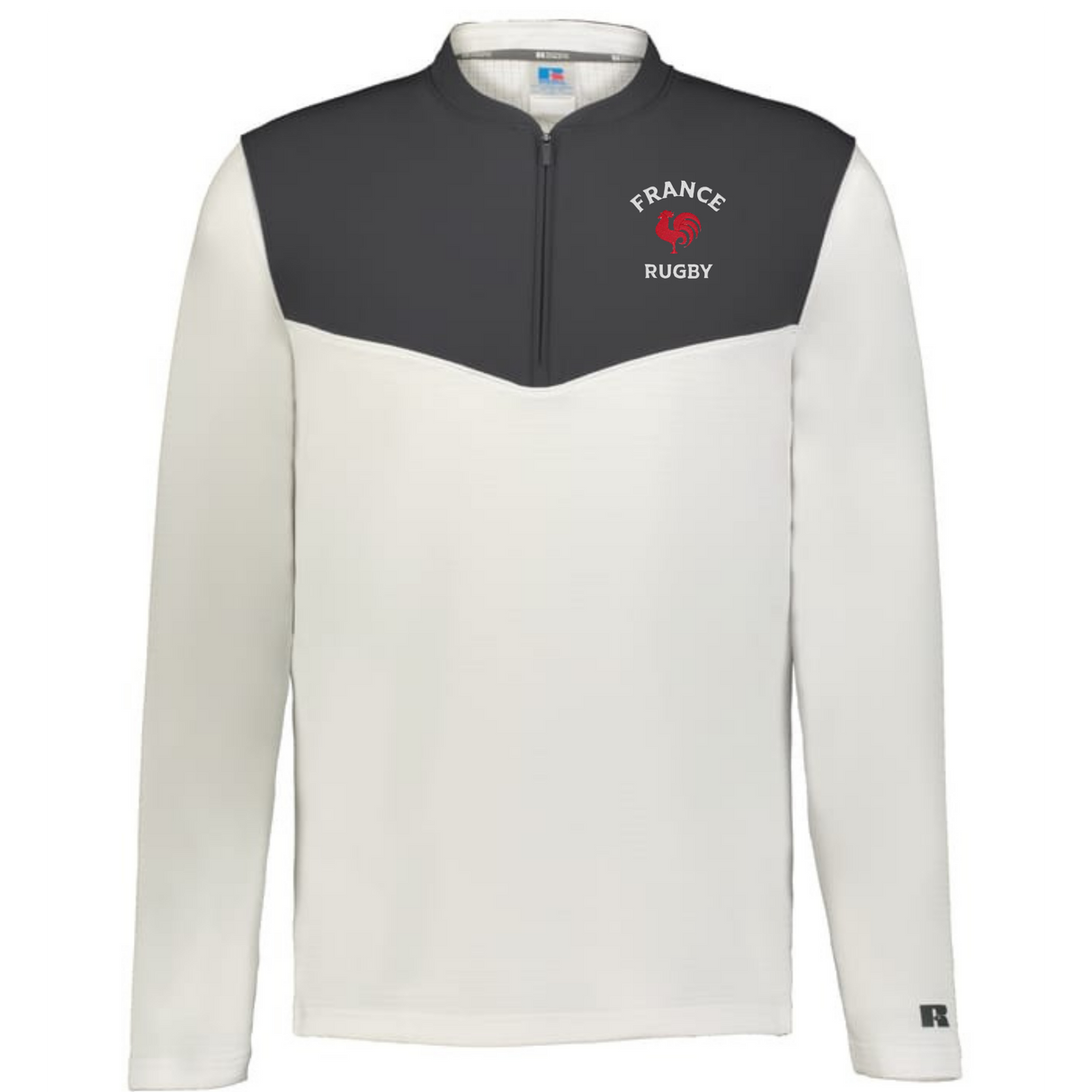 The EMB Augusta Nations of Rugby France Sideline Grid 1/4 Zip Pullover is a white and dark gray fleece with "FRANCE RUGBY" on the left chest and a red rooster logo.