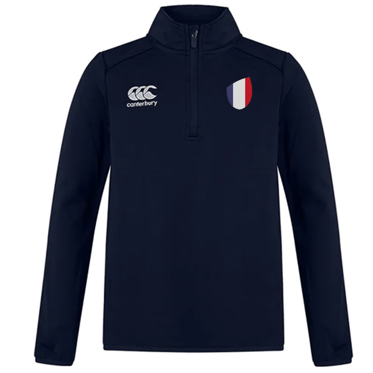 The France Club Shield 1/4 Zip Training Top by EMB Canterbury is navy, with a left-side logo and a French flag emblem on the right. Its durable fleece offers comfort and warmth, making it perfect for rugby season.