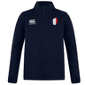 The France Club Shield 1/4 Zip Training Top by EMB Canterbury is navy, with a left-side logo and a French flag emblem on the right. Its durable fleece offers comfort and warmth, making it perfect for rugby season.