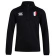 The France Club Shield 1/4 Zip Training Top by EMB Canterbury is a black long-sleeve pullover featuring a chest Canterbury logo and a left patch with blue, white, and red vertical stripes, designed as durable fleece perfect for rugby season.