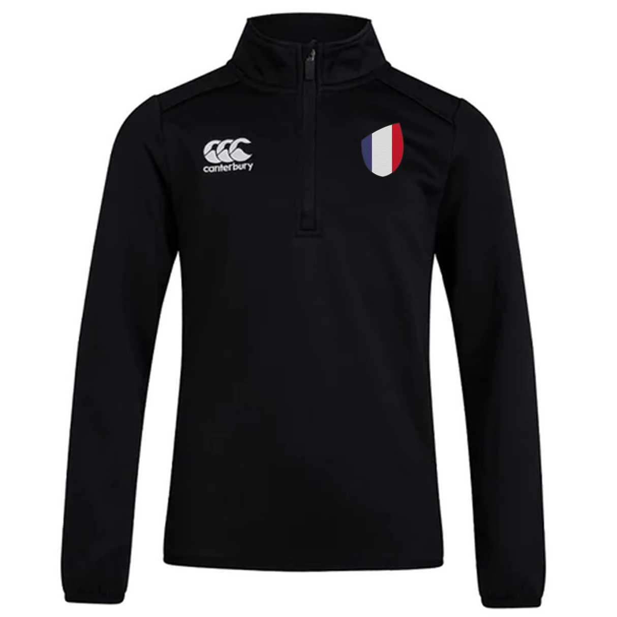 The France Club Shield 1/4 Zip Training Top by EMB Canterbury is a black long-sleeve pullover featuring a chest Canterbury logo and a left patch with blue, white, and red vertical stripes, designed as durable fleece perfect for rugby season.