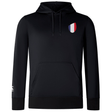 The EMB Canterbury France Shield Club Lightweight Hoodie is a lightweight black hoodie with front pocket and drawstrings, featuring a red, white, and blue France shield emblem on the left chest—ideal for rugby supporters.