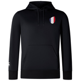 The EMB Canterbury France Shield Club Lightweight Hoodie is a lightweight black hoodie with front pocket and drawstrings, featuring a red, white, and blue France shield emblem on the left chest—ideal for rugby supporters.