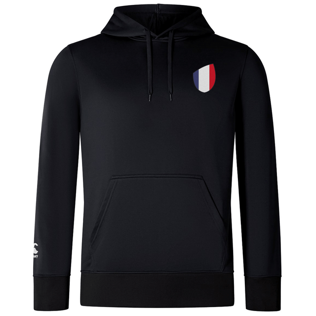 The EMB Canterbury France Shield Club Lightweight Hoodie is a lightweight black hoodie with front pocket and drawstrings, featuring a red, white, and blue France shield emblem on the left chest—ideal for rugby supporters.
