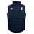 The EMB Canterbury France Shield Core Gilet, a navy blue padded vest with Thermoreg Insulation, features a high collar and front zipper. A logo adorns the left chest, while a red, white, and blue patch decorates the right. Ideal for warmth and style.