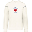 The Les Bleus Heritage Prep Vintage Shield Hoodie by WRS Augusta is a white French terry rugby hoodie with "LES BLEUS FRANCE RUGBY" text, red rooster graphic on the chest, and grey sleeve stripes—ideal for fans of classic heritage style.