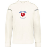 The Les Bleus Heritage Prep Vintage Shield Hoodie by WRS Augusta is a white French terry rugby hoodie with "LES BLEUS FRANCE RUGBY" text, red rooster graphic on the chest, and grey sleeve stripes—ideal for fans of classic heritage style.