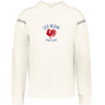The Les Bleus Heritage Prep Vintage Shield Hoodie by WRS Augusta is a white French terry rugby hoodie with "LES BLEUS FRANCE RUGBY" text, red rooster graphic on the chest, and grey sleeve stripes—ideal for fans of classic heritage style.