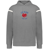 The WRS Augusta Les Bleus Heritage Prep Vintage Shield Hoodie features gray French terry fabric, white sleeve stripes, a red rooster, and blue "LES BLEUS FRANCE RUGBY" chest text for classic rugby style.
