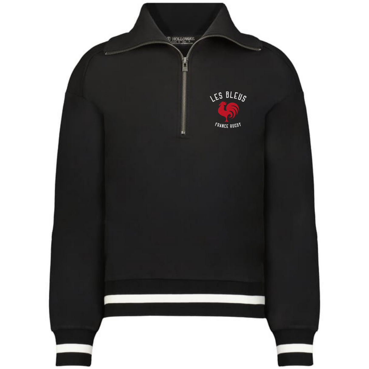 The EMB Augusta Women's Vintage Les Bleus Heritage Prep Pullover is a black quarter-zip with white striped cuffs and hem, red rooster logo, and "LES BLEUS FRANCE RUGBY" on the left chest.
