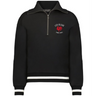 The EMB Augusta Women's Vintage Les Bleus Heritage Prep Pullover is a black quarter-zip with white striped cuffs and hem, red rooster logo, and "LES BLEUS FRANCE RUGBY" on the left chest.