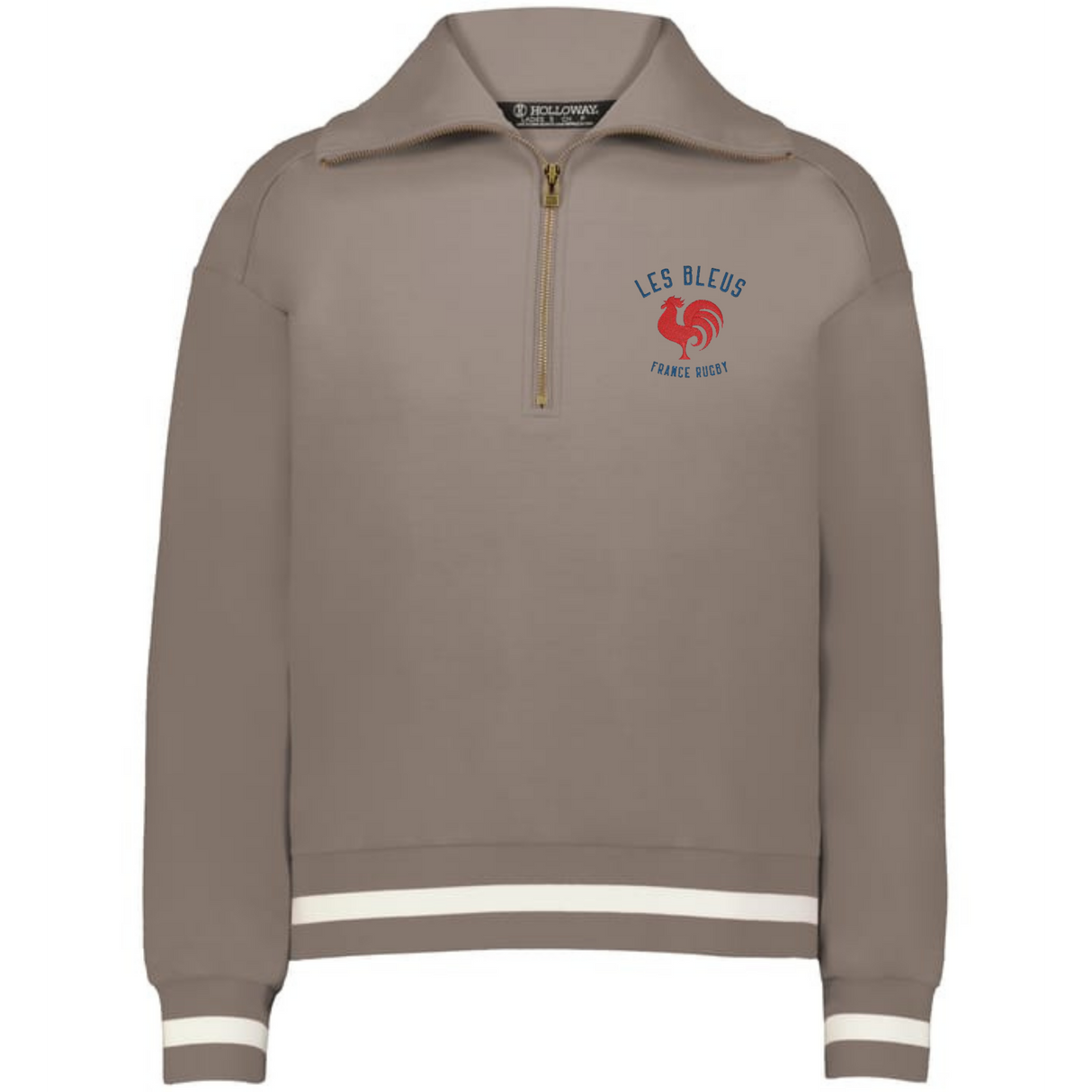 The EMB Augusta Women's Vintage Les Bleus Heritage Prep Pullover features a taupe quarter-zip design with white stripes and a “LES BLEUS FRANCE OUEST” logo with a red rooster on the left chest.