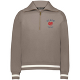 The EMB Augusta Women's Vintage Les Bleus Heritage Prep Pullover features a taupe quarter-zip design with white stripes and a “LES BLEUS FRANCE OUEST” logo with a red rooster on the left chest.