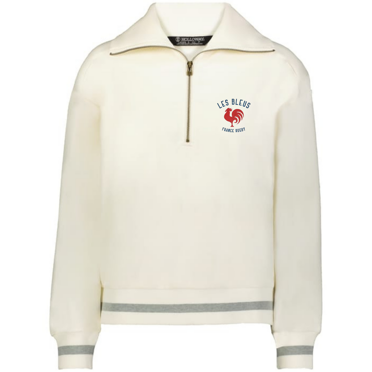 The EMB Augusta Women's Vintage Les Bleus Heritage Prep Pullover in cream features gray-striped cuffs and hem, a quarter-zip design, and a "Les Bleus France Rugby" logo with red rooster on the left chest.
