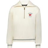 The EMB Augusta Women's Vintage Les Bleus Heritage Prep Pullover in cream features gray-striped cuffs and hem, a quarter-zip design, and a "Les Bleus France Rugby" logo with red rooster on the left chest.