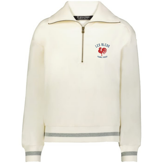 The EMB Augusta Women's Vintage Les Bleus Heritage Prep Pullover in cream features gray-striped cuffs and hem, a quarter-zip design, and a "Les Bleus France Rugby" logo with red rooster on the left chest.