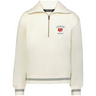 The EMB Augusta Women's Vintage Les Bleus Heritage Prep Pullover in cream features gray-striped cuffs and hem, a quarter-zip design, and a "Les Bleus France Rugby" logo with red rooster on the left chest.