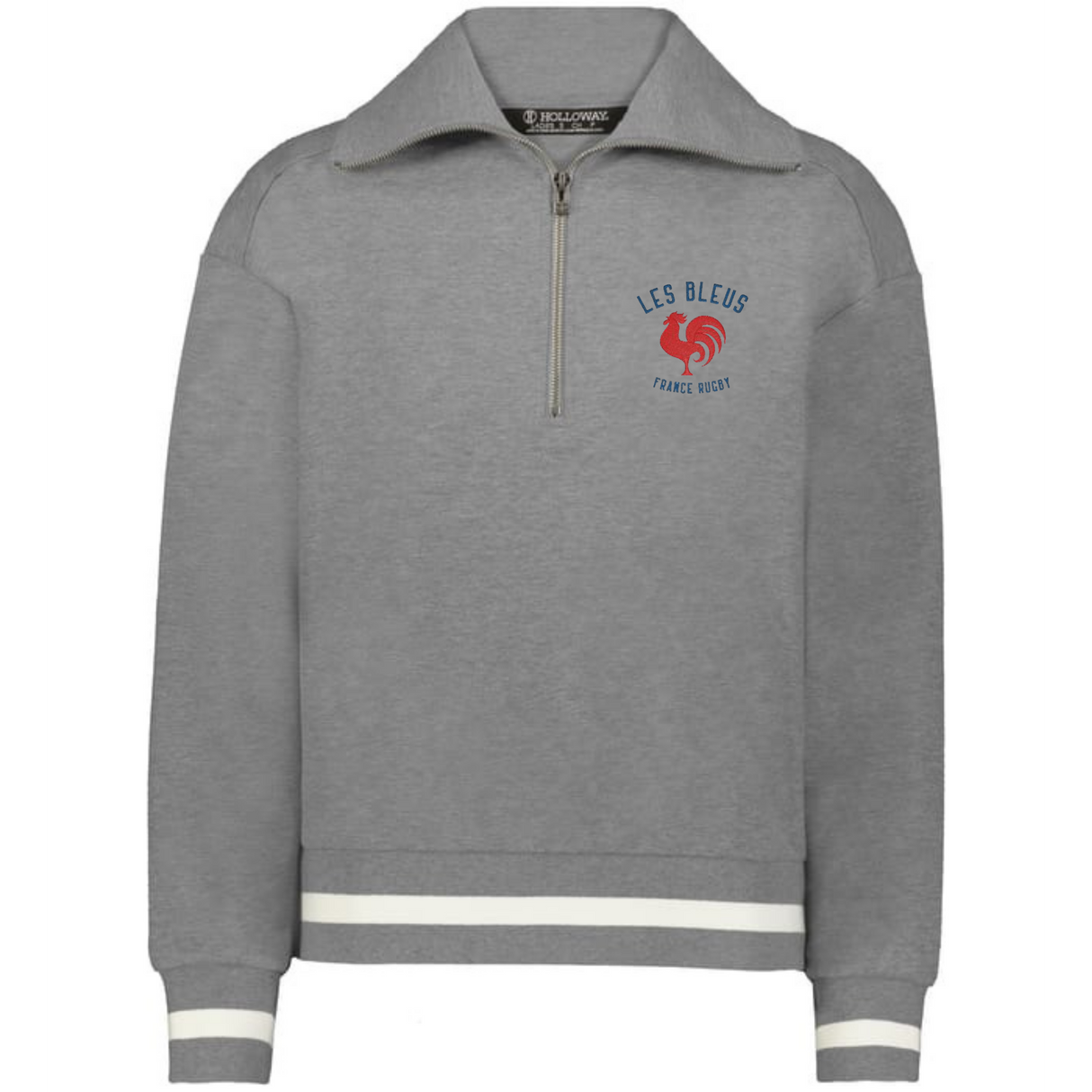 The EMB Augusta Women's Vintage Les Bleus Heritage Prep Pullover is a gray quarter-zip with white striped cuffs and hem, plus a red rooster and “LES BLEUS FRANCE RUGBY” on the chest—celebrating classic women's rugby pride.