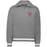 The EMB Augusta Women's Vintage Les Bleus Heritage Prep Pullover is a gray quarter-zip with white striped cuffs and hem, plus a red rooster and “LES BLEUS FRANCE RUGBY” on the chest—celebrating classic women's rugby pride.