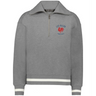 The EMB Augusta Women's Vintage Les Bleus Heritage Prep Pullover is a gray quarter-zip with white striped cuffs and hem, plus a red rooster and “LES BLEUS FRANCE RUGBY” on the chest—celebrating classic women's rugby pride.