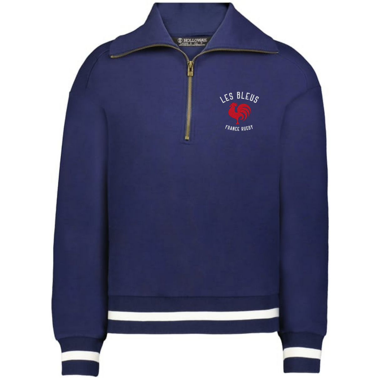 The EMB Augusta Women's Vintage Les Bleus Heritage Prep Pullover features a navy quarter-zip with white stripes and a "LES BLEUS FRANCE RUGBY" logo plus red rooster on the left chest for classic sporty style.