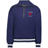 The EMB Augusta Women's Vintage Les Bleus Heritage Prep Pullover features a navy quarter-zip with white stripes and a "LES BLEUS FRANCE RUGBY" logo plus red rooster on the left chest for classic sporty style.